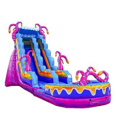 an inflatable water slide with pink and blue waves on the top, is shown against a white background