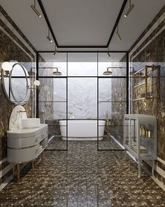 an elegant bathroom with marble walls and flooring is pictured in this artist's rendering