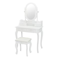 a white dressing table with a stool and mirror