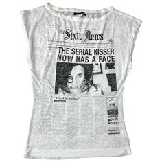 The Miss Sixty Gazette Newspaper Tee - Super beautiful newspaper magazine gazette printed tee from Miss Sixty. Searching of a serial Kisser. Newspaper print similar to as seen on Emily Ratajkowski Emrata. Condition - In perfect vintage condition. Sizing - Size tag missing. Fits Small or Medium. Measurements Skirt (in cm) - Waist: 47 - Length: 64 Shipping - Worldwide tracked shipping from Paris, France - EU 12€ - World 12€ - No returns #miss60 #2000s #archive #emrata #bellahadid Miss 60, Miss Sixty 90s, Miss Sixty Poster, 2000s Shirts, Miss Sixty Skirt, Miss Sixty Top, Miss Sixty Jeans, 2000s Tops, Miss Sixty