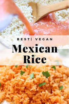 mexican rice in a white bowl with text overlay that reads best vegan mexican rice