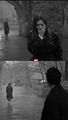 black and white images of people walking in the rain, one woman talking on her cell phone