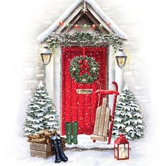 a painting of a red door with christmas decorations on it and presents in the snow