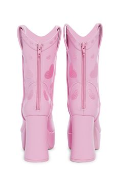 cuz you're chasing those good vibes, babe! These heeled platform cowboy boots have a vegan leather construction, heart embroidered and western detailing, and back zip closures. Diamond Cowboy Boots, Pink Cowboy Outfit, Cool Shoes Women, Pink Heeled Boots, Pink Cowgirl Outfit, Platform Cowboy Boots, Rhinestone Cowboy Boots, Pink Cowboy Boots, Go Go Boots