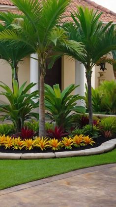 a house with palm trees and flowers in the front yard