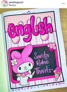 an open book with the title english written in pink and white writing on it's cover