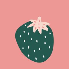 a green strawberry with white dots and a flower on it's tip, against a pink background