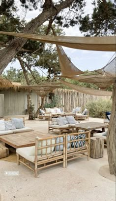 a wooden table sitting under a tree next to a forest