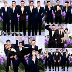 multiple images of men in suits and ties posing for pictures together with purple flowers behind them