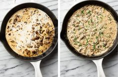 two images show how to make mushroom gravy in a cast iron skillet