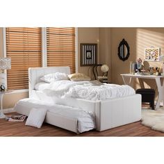 Baxton Studio Cosmo Modern and Contemporary White Faux Leather Twin Size Trundle Bed FredCo Guest Beds, Twin Trundle Bed, Twin Trundle, Twin Size Bed, Bed Twin, Leather Headboard, Twin Platform Bed, Studio Furniture, Baxton Studio