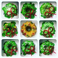 twelve green frosted donuts with red ribbons on them and decorated in the shape of wreaths