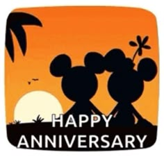 an image of mickey mouses with the sun setting in the background and happy anniversary written on it