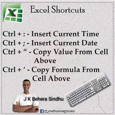 an advertisement for excel shortcuts with a man standing in front of a keyboard