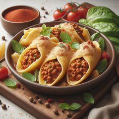 pasta shells stuffed with meat and sauce on a wooden platter next to fresh basil leaves