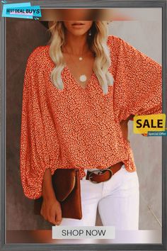 V-neck Shirt Print Balloon Sleeve Top Spring Printed V-neck Tops, Spring V-neck Printed Tops, Trendy V-neck Relaxed Fit Blouse, Trendy Long Sleeve V-neck Top For Summer, Orange Printed V-neck Top, Fall Vacation Tops With V-neck, Trendy V-neck Vacation Tops, Relaxed Fit V-neck Tops For Brunch, Long Sleeve V-neck Top For Summer Brunch