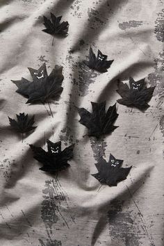 some black leaves are laying on a white cloth