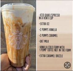 a hand holding up a starbucks iced drink in a plastic cup with instructions on how to make it