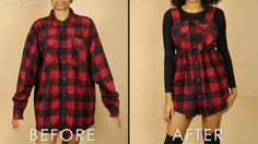 a woman wearing a red and black plaid shirt dress before and after her haircut