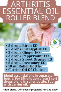 This is an easy blend to use for arthritis/joint discomfort.  Find more recipes and ideas on how to help the discomfort by following the link…… Essential Oils For Bursitis, Essential Oils For Tendon Inflammation, Essential Oil For Skin Irritation, Essential Oils For Arthritic Hands, Natural Remedies For Rheumatoid, Healing Essential Oils