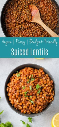 a bowl filled with baked lentils next to a lemon wedge