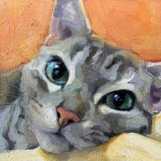 a painting of a cat with big blue eyes looking at the camera while laying down