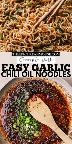 easy garlic chili noodle soup in a skillet with chopsticks on the side