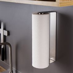 a wall mounted toilet paper dispenser in a bathroom with stainless steel fixtures