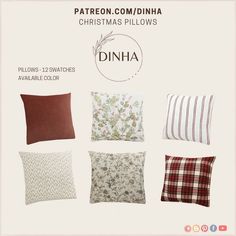 pillows and pillow cases are shown in different colors, patterns and designs for the cushions