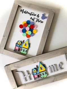 two framed pictures with the words home and balloons