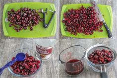 the process of making cranberry sauce is shown in three different stages, including mixing and prepping