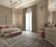 a bedroom with a large bed, dresser and chandelier hanging from the ceiling