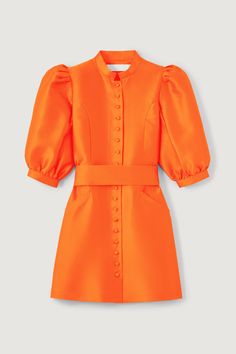 AMOAKO-DRESS SHORT SMART ORANGE Orange Outfits For Women, Hunter Bell, Orange Satin, Orange Dress, Knit Jacket, Mini Dress With Sleeves, Cinched Waist, Three Quarter Sleeves, High Collar