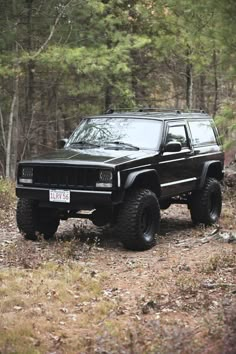 a black truck is parked in the woods