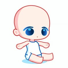 a cartoon baby sitting on the ground with blue eyes and an arm around it's body