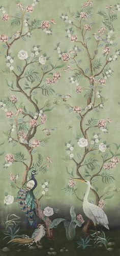 two birds are standing in front of a tree with flowers and leaves on the wall