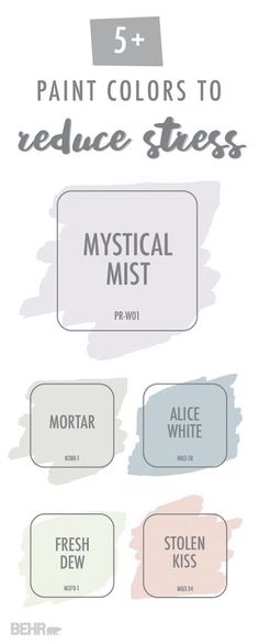 Your stress will simply melt away with this calming color palette from BEHR Paint. Shades like Mystical Mist, Mortar, Alice White, Fresh Dew, and Stolen Kiss introduce a subtle pop of color into your home while still creating a relaxing and soothing environment. Explore the rest of the interior paint colors that BEHR offers to create the perfect look for your home. Stolen Kiss, Office Paint, Behr Paint, Bedroom Paint Colors, Paint Colours, Paint Shades, Calming Colors