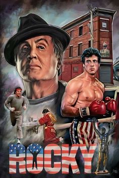 an image of rocky with the american flag and two men in front of him, holding boxing gloves