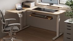 a computer desk with a monitor, keyboard and mouse on it in front of a window