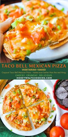 taco bell mexican pizza on a plate with tomatoes and tortilla chips