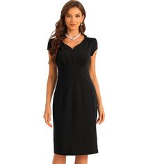 With soft fabric, this elegant pencil dress with a special and classic, fit and flared hem design adds to your choice for the upcoming seasons. Breathable and stretch material, this workwear classic dress can perfectly draw out your waistline and elongate your legs. The solid color dress office wear can be paired with high heels can build an urban chic elegant business lady look. Classic Solid Color Bodycon Dress For Formal Occasions, Classic Fitted Bodycon Dress For Semi-formal Occasions, Classic Knee-length Bodycon Dress For Office, Classic Semi-formal Bodycon Dress, Classic Knee-length Party Bodycon Dress, Classic Fitted V-neck Bodycon Dress, Classic Knee-length Bodycon Dress For Party, Business Lady, Sheath Dresses