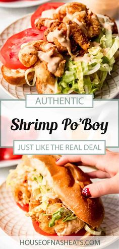 two plates with different types of food and the words, shrimp po'boy just like the real deal