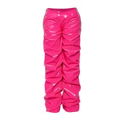 Pink vinyl drapped pants with eyelets on the hip and metal chains, this piece can be unisex Dry Clean Only Pink Festival Pants With Elastic Waistband, Lace Up Pants Pink, Fitted Pink Y2k Pants, Pink Patent Leather Pants, Luxury Fitted Pink Pants, Cargo Outfits, Sweet Pants, Cargo Outfit, Pink Vinyl