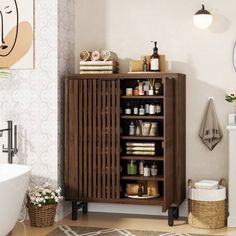 a bathroom with a wooden cabinet next to a bath tub