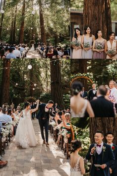 a couple walking down the aisle at their wedding ceremony in the redwood forest, surrounded by confetti and flowers