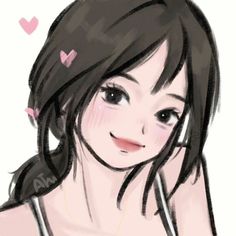 a drawing of a woman with black hair and pink hearts on her chest, smiling at the camera