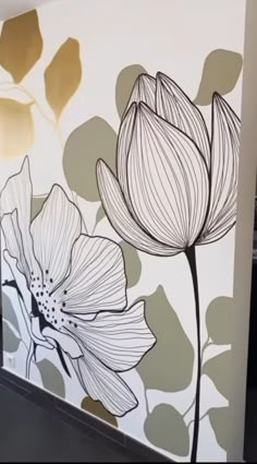 a wall with flowers painted on it in an office building or waiting area for customers to arrive