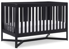 a small black crib with white sheets on the bottom and side rails, in front of a white background