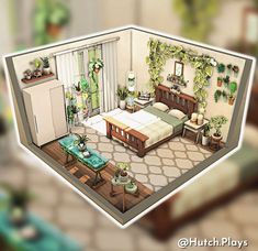 an animated view of a bedroom with plants on the wall and furniture in the room