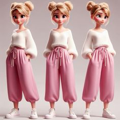 three different views of the same girl in pink pants and white sweater, one with her hands on her hips